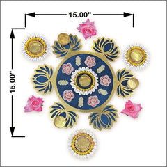 Decorative wall art with floral and circular designs, including measurements on a white background.