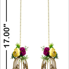 Gold birdcage earrings with flowers and measurements on a white background