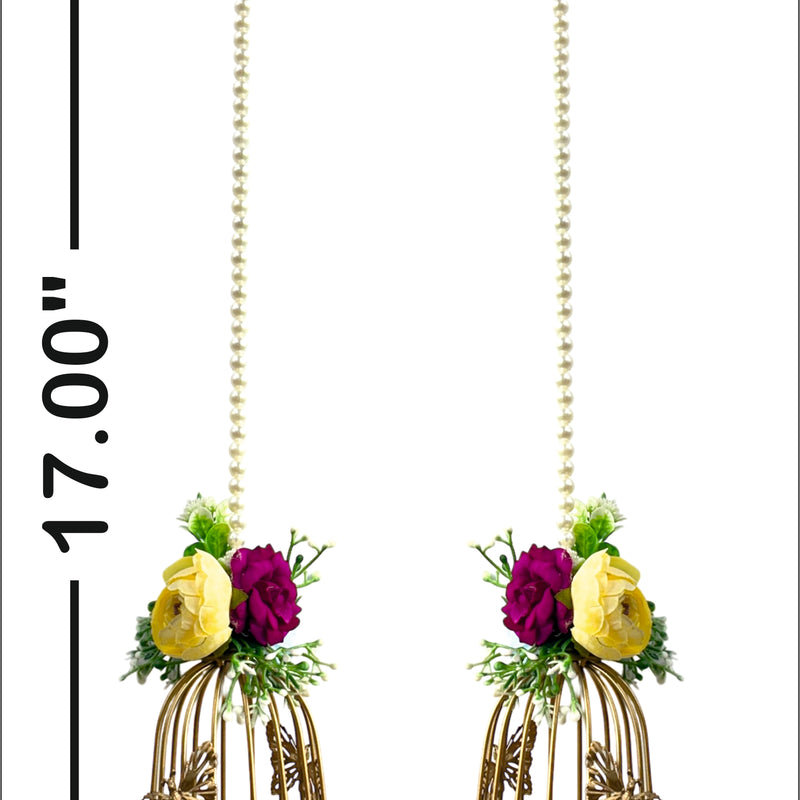 Gold birdcage earrings with flowers and measurements on a white background