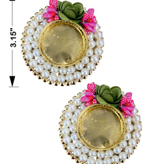 Pair of earrings with pearl detailing and floral elements, shown with dimensions on a white background.