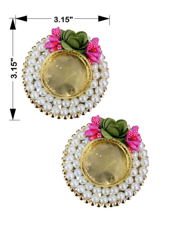 Pair of earrings with pearl detailing and floral elements, shown with dimensions on a white background.