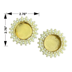 Pair of earrings with green bead embellishments and gold centers, shown with measurements on a white background.