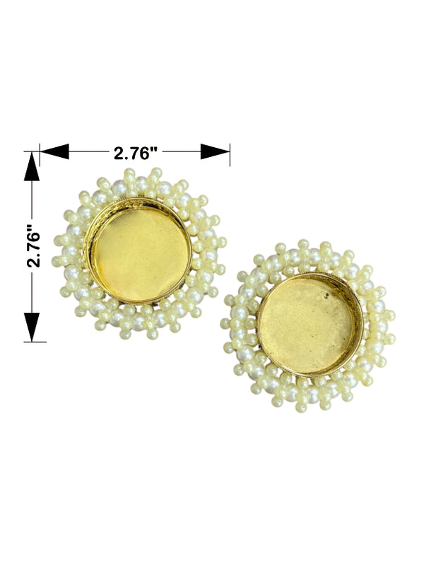 Pair of earrings with green bead embellishments and gold centers, shown with measurements on a white background.