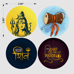 Todfod Mahadev Fridge Magnet Set of 4 | 3 Inch Lord Shiva Trishul, Damaru & Golden Shiv Mantra Circular MDF Wood Magnets