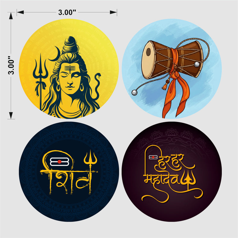 Todfod Mahadev Fridge Magnet Set of 4 | 3 Inch Lord Shiva Trishul, Damaru & Golden Shiv Mantra Circular MDF Wood Magnets