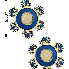 Two blue decorative items with floral patterns and measurements on a white background