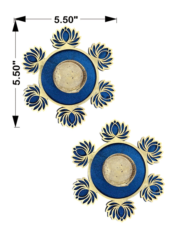 Two blue decorative items with floral patterns and measurements on a white background