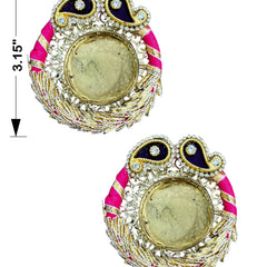 Decorative earrings with peacock design and measurements on a white background