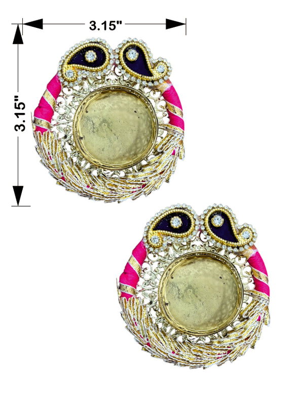 Decorative earrings with peacock design and measurements on a white background