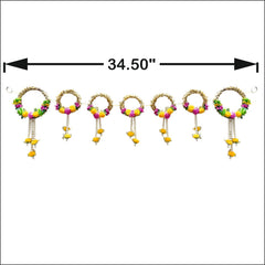 Decorative hanging ornaments with colorful beads and chains on a white background.