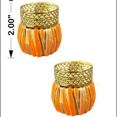 Two decorative candle holders with gold and orange design, shown with measurements on a white background.