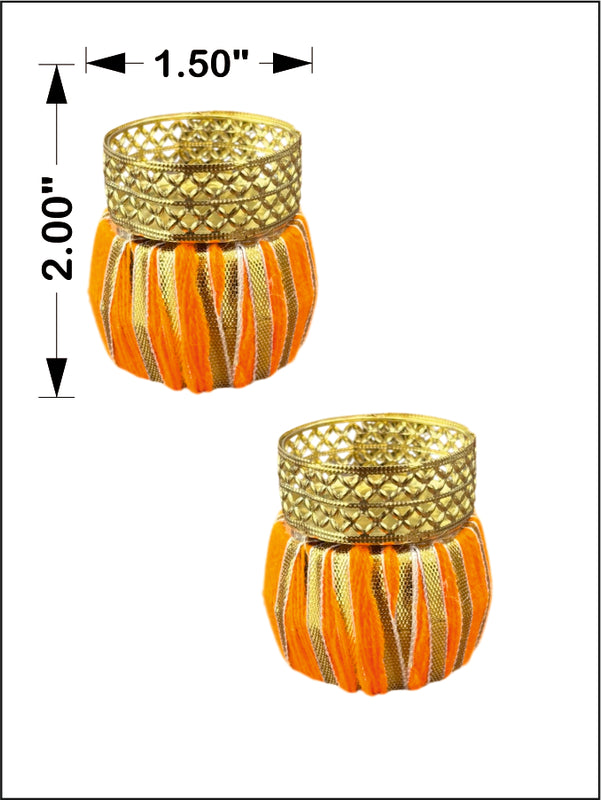 Two decorative candle holders with gold and orange design, shown with measurements on a white background.