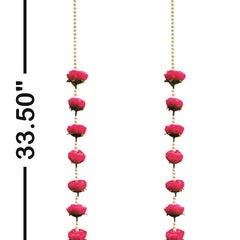 Pair of pink beaded hanging decorations with gold tassels on a white background, showing measurement details.