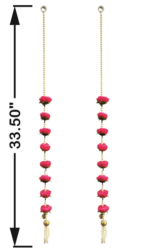 Pair of pink beaded hanging decorations with gold tassels on a white background, showing measurement details.