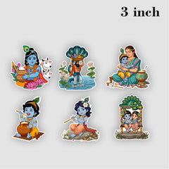 Todfod Krishna Fridge Magnet Set of 6 | 3 Inch Colorful Cartoon Style MDF Wood Hindu Deity Religious Souvenir