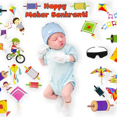Baby in blue outfit surrounded by colorful Makar Sankranti decorations on a white background