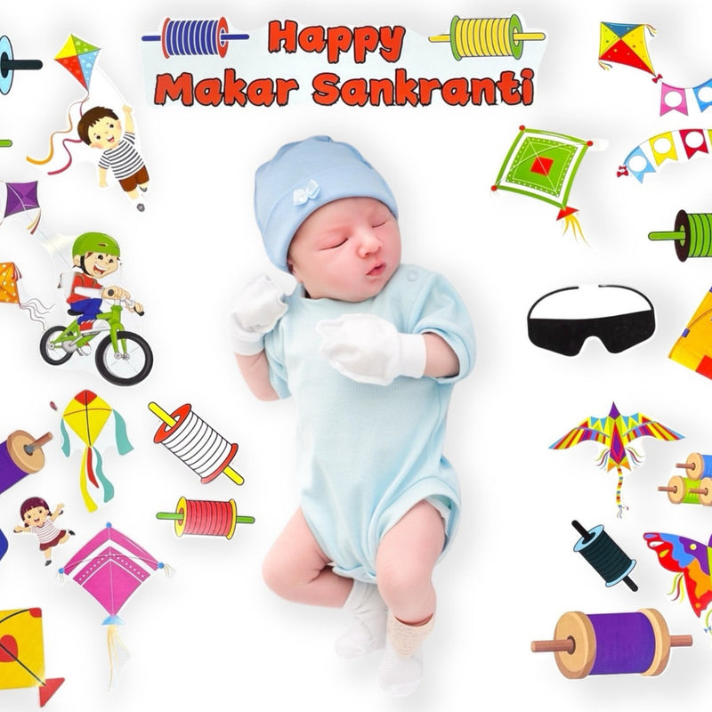 Baby in blue outfit surrounded by colorful Makar Sankranti decorations on a white background
