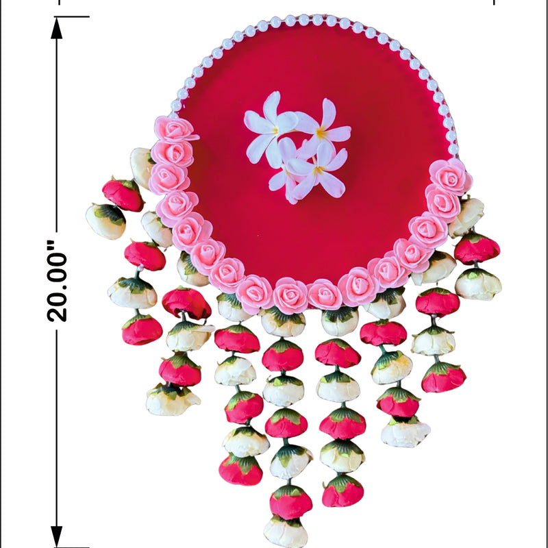 Decorative item with pink top and multicolored bottom, measurements shown