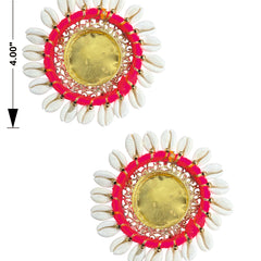 Pair of earrings with pink, yellow, and white design on a white background