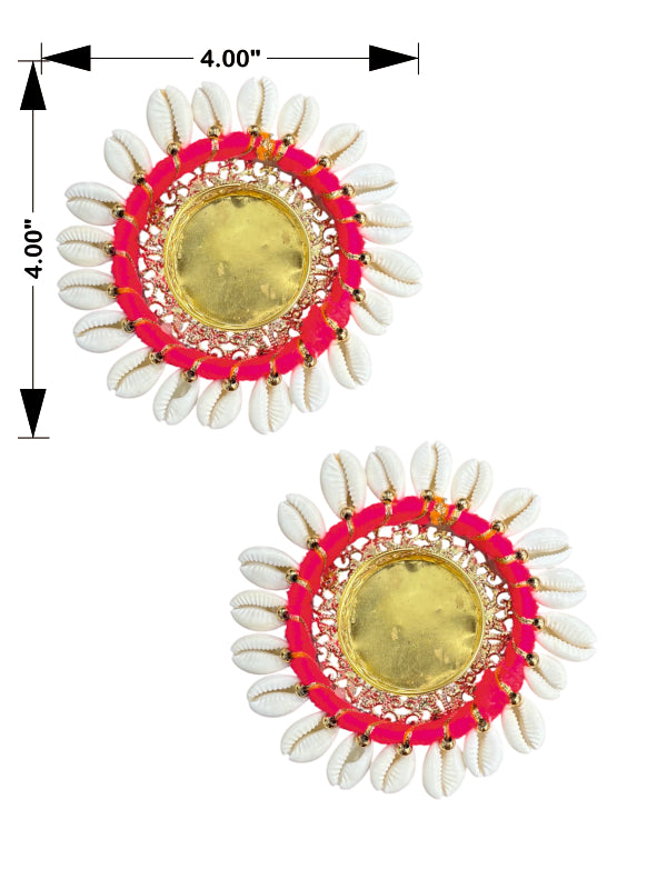 Pair of earrings with pink, yellow, and white design on a white background