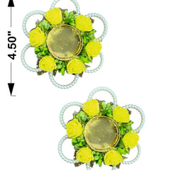 Pair of earrings with green gemstones and gold centers, shown with measurements on a white background.
