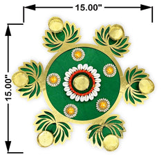Decorative green and gold Rangoli design with measurements on a white background