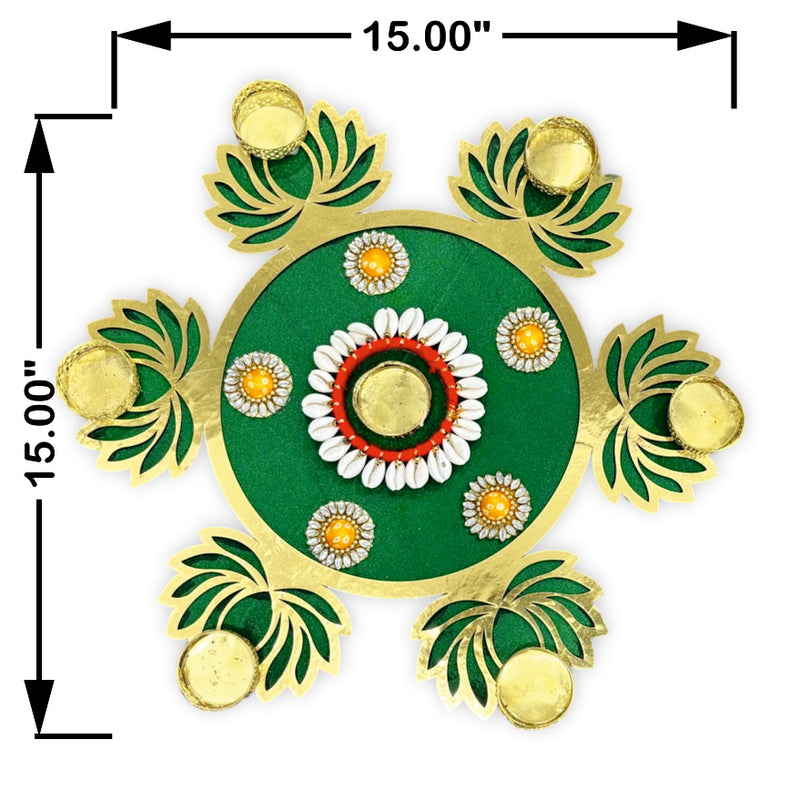 Decorative green and gold Rangoli design with measurements on a white background