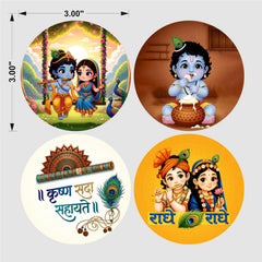 Todfod Krishna Fridge Magnet Set of 4 | 3 Inch Radha Krishna Jhula & Janmashtami Circular MDF Wood Magnets