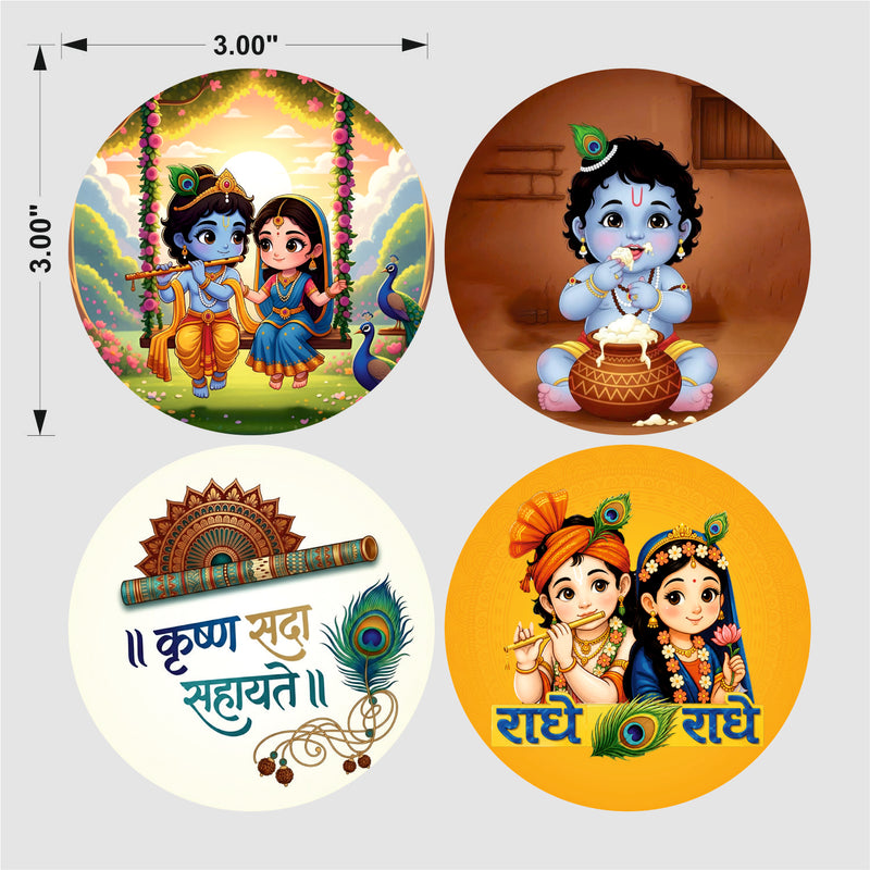 Todfod Krishna Fridge Magnet Set of 4 | 3 Inch Radha Krishna Jhula & Janmashtami Circular MDF Wood Magnets