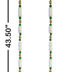 Beaded necklace with green and gold accents and measurement details on a white background