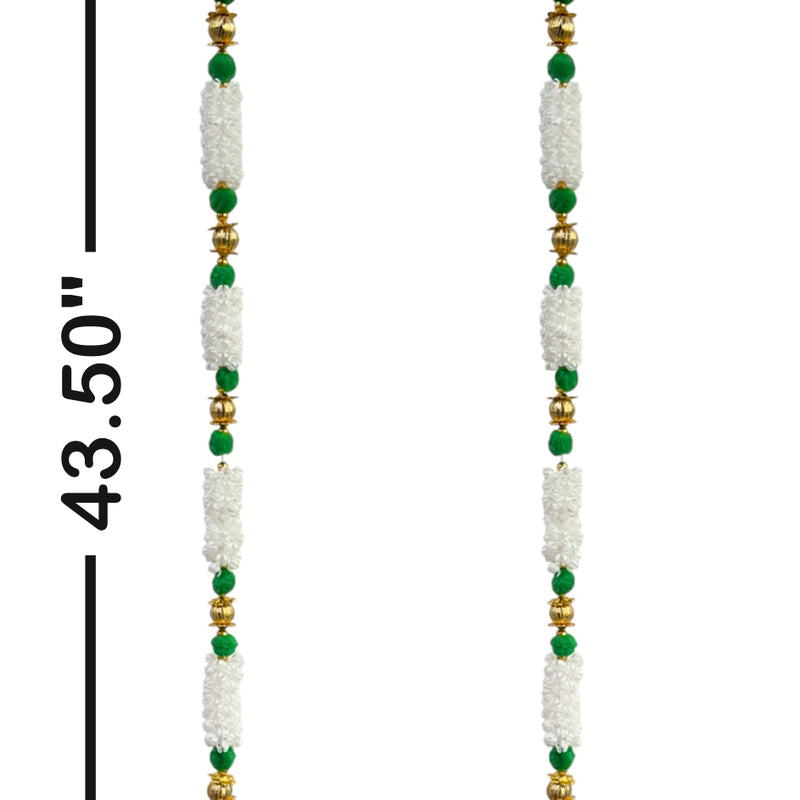 Beaded necklace with green and gold accents and measurement details on a white background