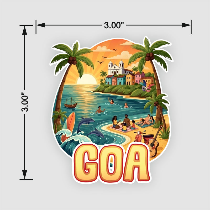 Smaran Goa Wooden Fridge Magnet | Beach Church & Sunset Illustration | 3x3 Inch Refrigerator Decor for Home Kitchen & Gift