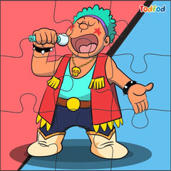 Cartoon character with a red jacket and blue shorts holding binoculars on a puzzle background