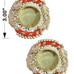 Decorative earrings with red and gold accents, shown with measurements on a white background.