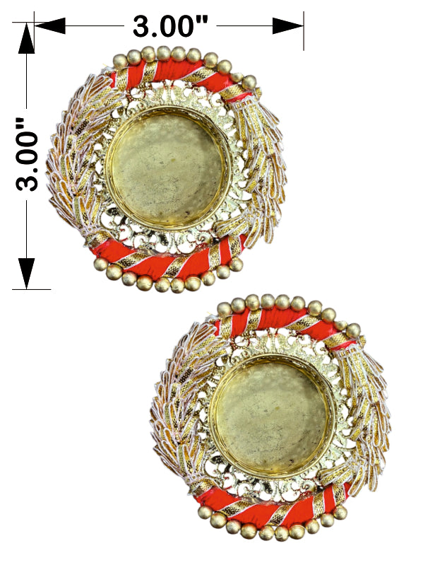 Decorative earrings with red and gold accents, shown with measurements on a white background.