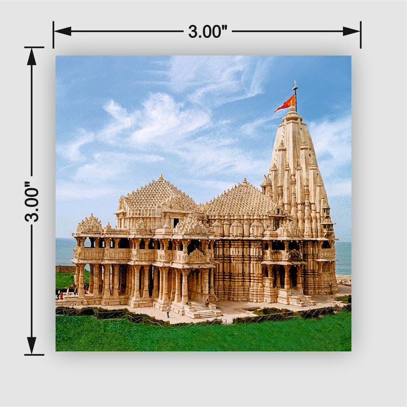 Smaran Somnath Jyotirlinga Wooden Fridge Magnet | Ancient Stone Temple & Sea Illustration | 3x3 Inch Spiritual Refrigerator Decor for Home Kitchen & Gift