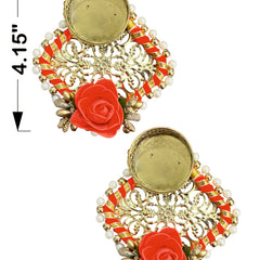 Decorative earrings with red flowers and gold detailing, shown with measurements on a white background.