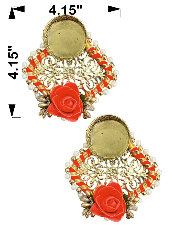 Decorative earrings with red flowers and gold detailing, shown with measurements on a white background.