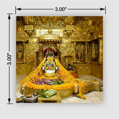 Smaran Somnath Jyotirlinga Wooden Fridge Magnet | Sacred Deity Shrine Interior with Orange Garlands & Golden Base | 3x3 Inch Spiritual Refrigerator Decor for Home Kitchen & Gift