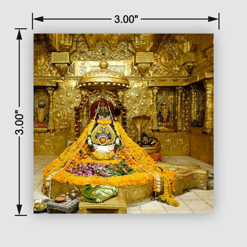 Smaran Somnath Jyotirlinga Wooden Fridge Magnet | Sacred Deity Shrine Interior with Orange Garlands & Golden Base | 3x3 Inch Spiritual Refrigerator Decor for Home Kitchen & Gift