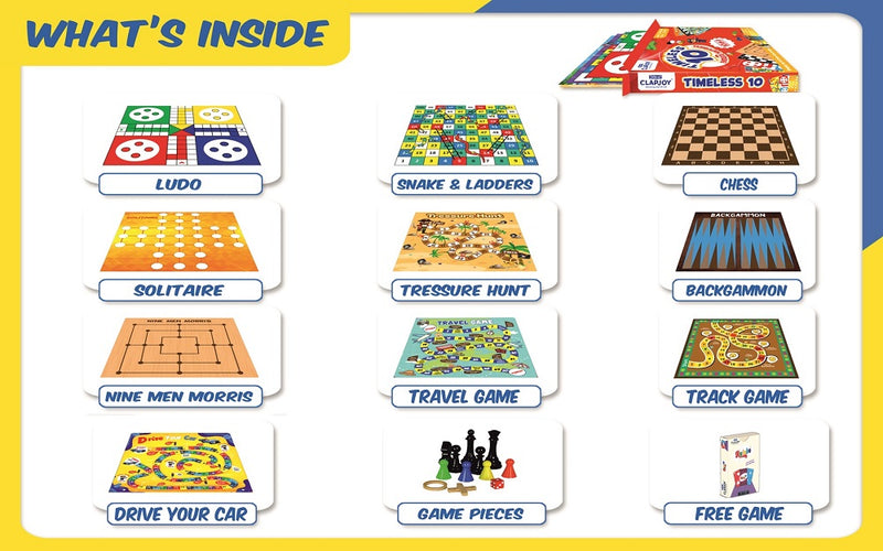 10 in 1 Board Game for Kids & Family | Ludo, Chess, Snakes & Ladders, Backgammon, Solitaire, Treasure Hunt & More | 2-4 Players | Age 4+ | With Rainbow Card Game