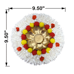 Decorative item with a gold center, red and yellow accents, and white base, with dimensions indicated.
