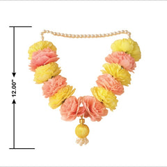 Floral necklace with pink and yellow flowers on a white background