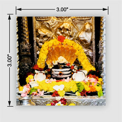 Smaran Mallikarjuna Jyotirlinga Wooden Fridge Magnet | Sacred Deity Shrine Interior with Yellow Garlands & Coconut Offerings | 3x3 Inch Spiritual Refrigerator Decor for Home Kitchen & Gift