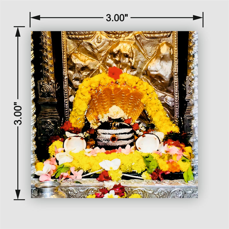 Smaran Mallikarjuna Jyotirlinga Wooden Fridge Magnet | Sacred Deity Shrine Interior with Yellow Garlands & Coconut Offerings | 3x3 Inch Spiritual Refrigerator Decor for Home Kitchen & Gift