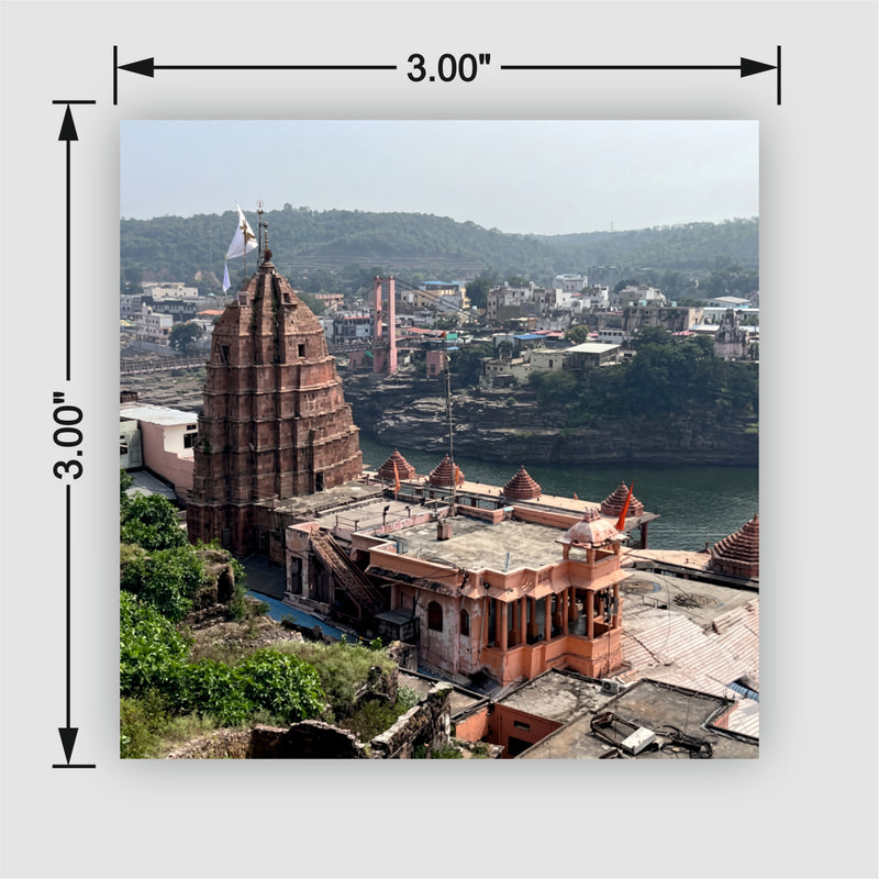 Smaran Omkareshwar Jyotirlinga Wooden Fridge Magnet | River Island Temple Illustration | 3x3 Inch Spiritual Refrigerator Decor for Home Kitchen & Gift