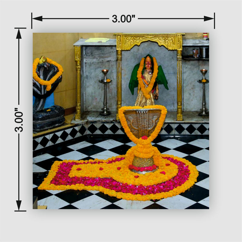 Smaran Nageshwar Jyotirlinga Wooden Fridge Magnet | Sacred Shrine Interior with Snake Statue & Floral Offerings | 3x3 Inch Spiritual Refrigerator Decor for Home Kitchen & Gift