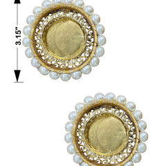 Pair of gold and pearl earrings with measurements on a white background