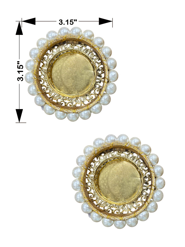 Pair of gold and pearl earrings with measurements on a white background