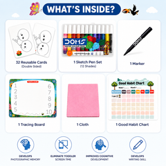 Pre-School Activity Kit for Kids 3+ Years | Write Learn & Wipe Tracing Board, Reusable Activity Cards, 12 Color Sketch Pens, Marker & Good Habit Chart
